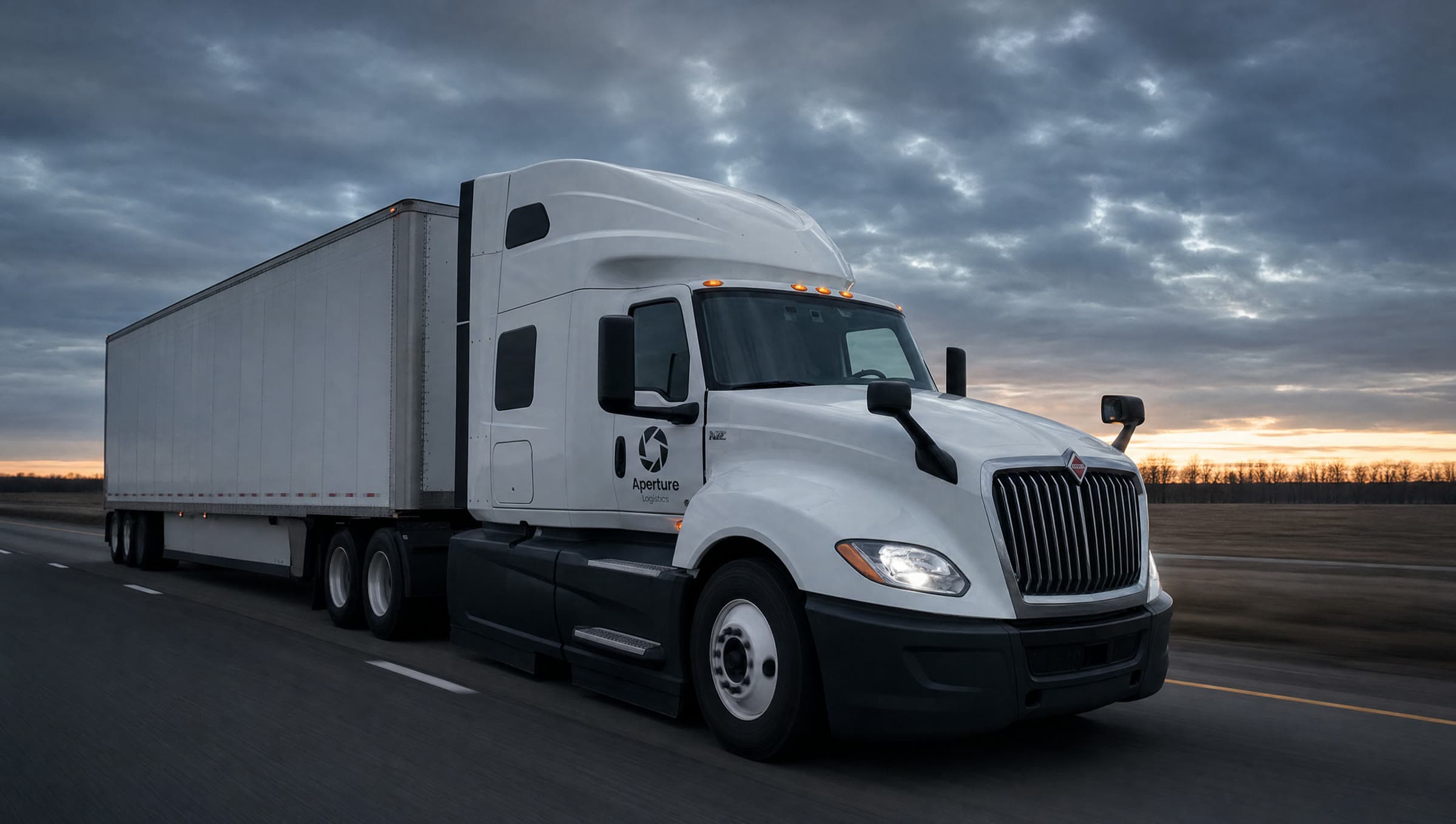 An Aperture Logistics tractor pulling a 53 ft dry van on an interstate at dusk